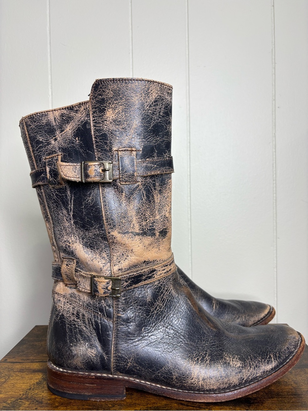 BED STU Cobbler Sandover Brown Leather Mid Buckle Boots Distressed Womens Size 9